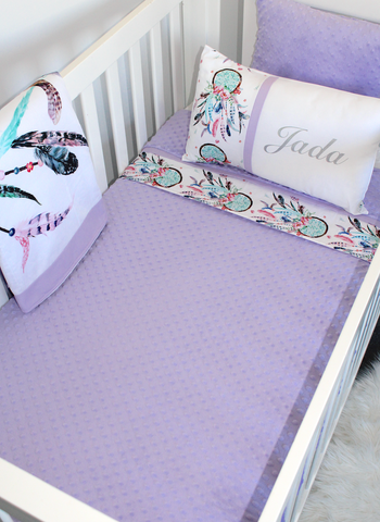 Dreamcatcher Panel Blanket Cot Set - Lilac and Silver - PREMIUM