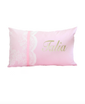 Lace Scallop Baby Pink Ribbon Personalised Cushion - Hoot Designz