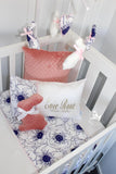 White & Navy Anemones with Coral Comforter Set - PREMIUM